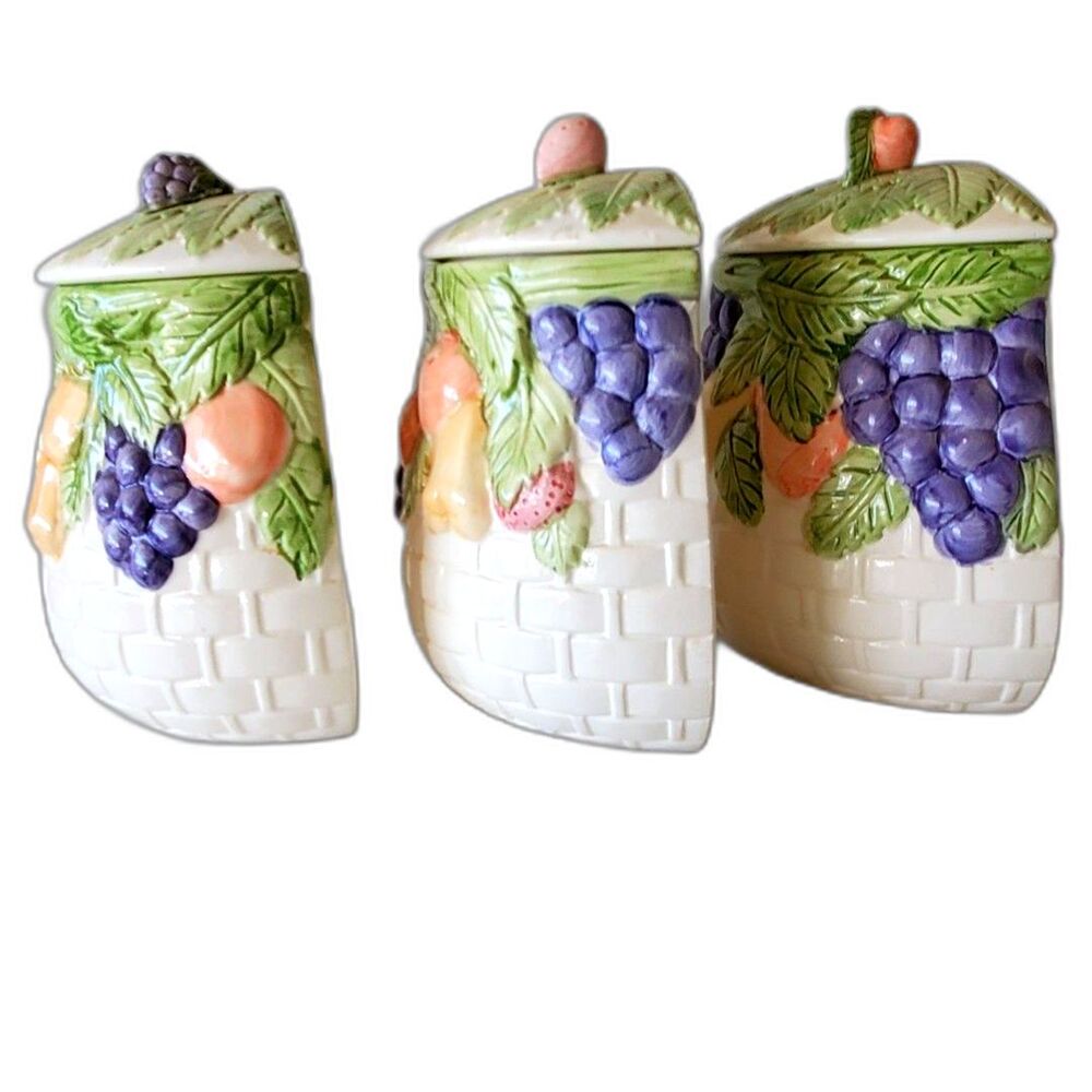 3 Pc Vintage Ceramic Fruit Canister Set Wedge Basketweave Made in Taiwan